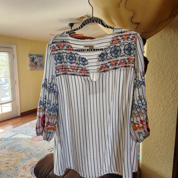 Samantha Jane Tops - Samya Women's Embroidered Striped Blouse - White and Blue